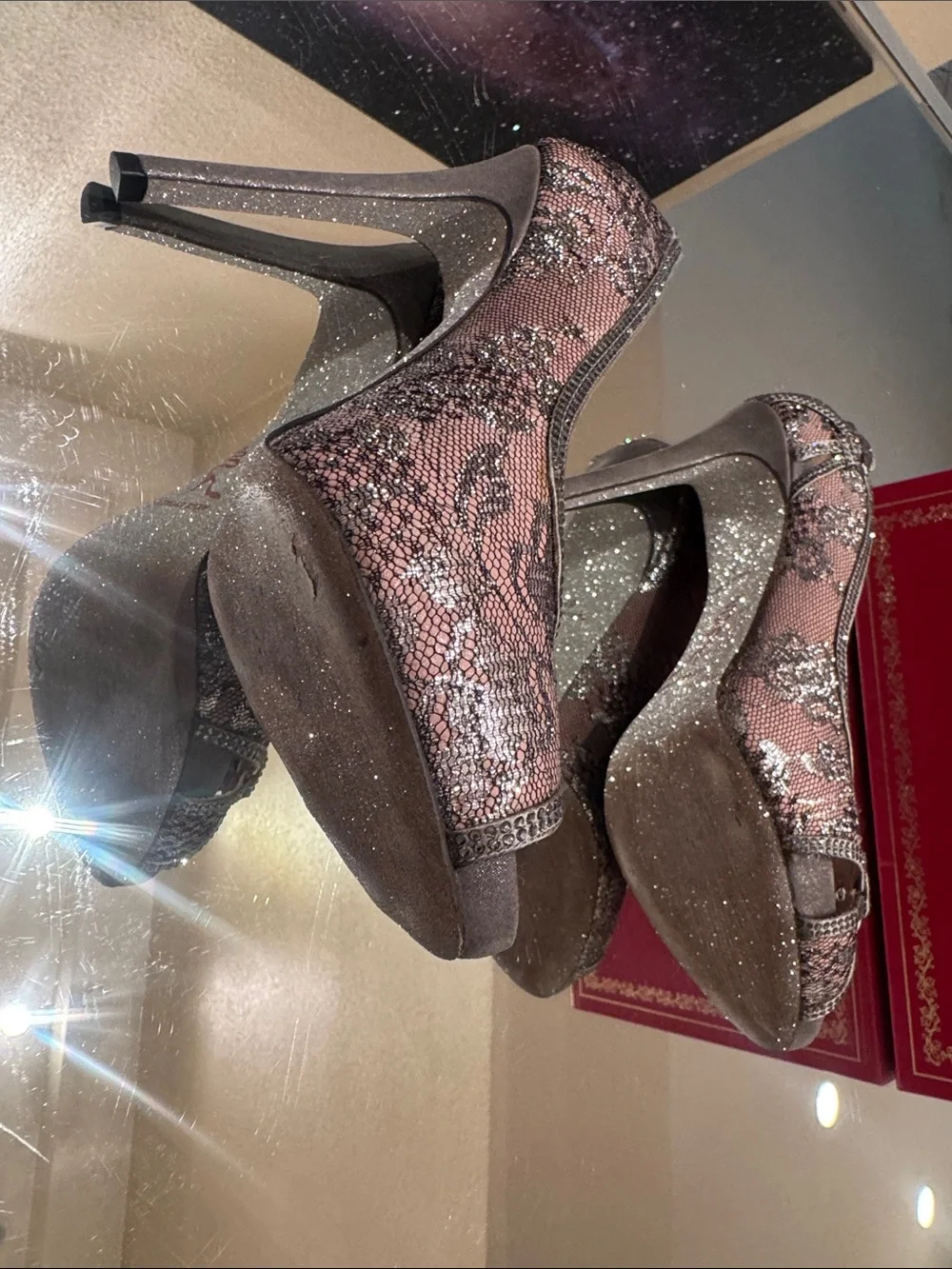 Rene Caovilla Silver Lace Crystal Peep Toe Pump